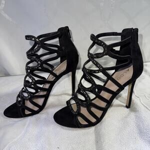 WOMENS SIZE 7 black ALDO STILETTO HEEL OPEN TOE SHOES pre-owned small Defects